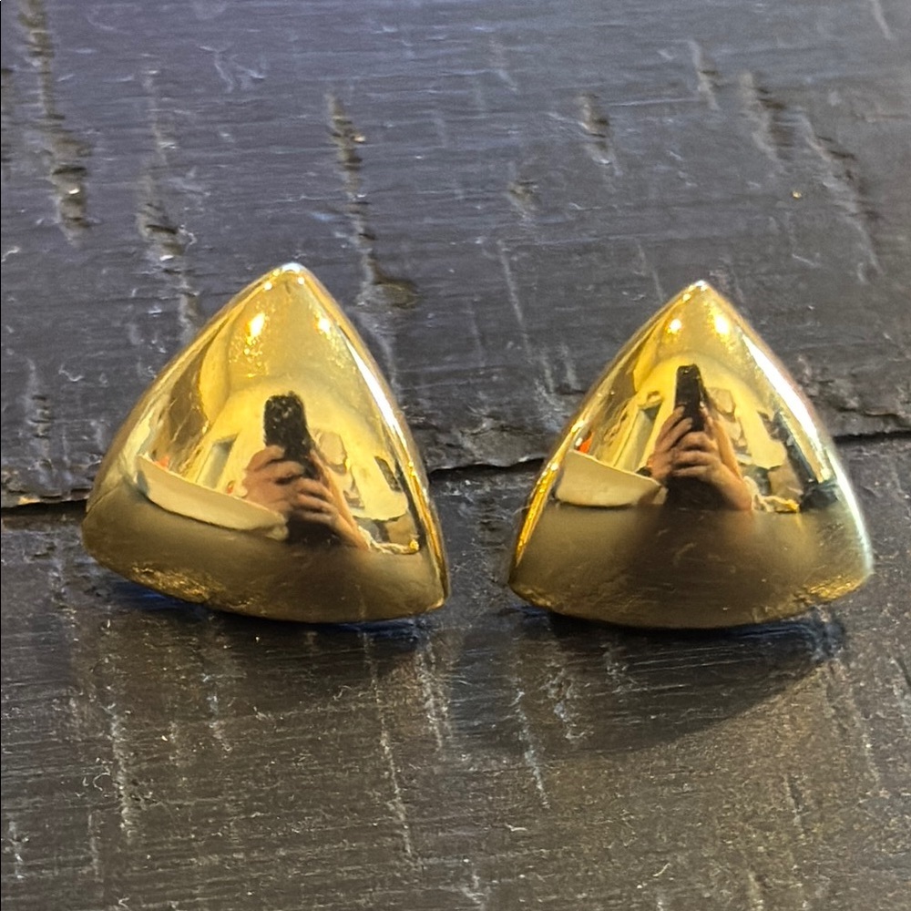 VTG Signed AK Anne Klein Puff Triangle Earrings Shiny Finish Gold Tone